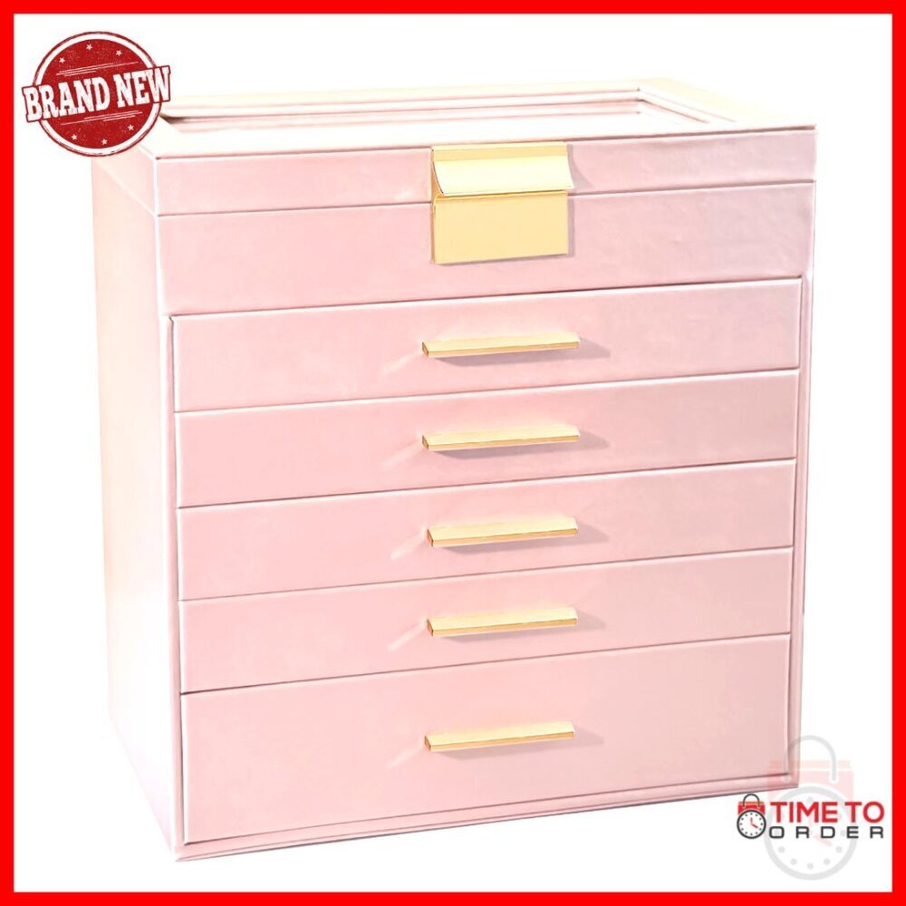 6 Layer Large Jewelry Organizer Box with Mirror, Leather, 8x8x3 Inches